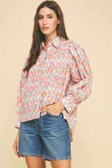 Sylvie Geo Print Hi Lo Poplin Top