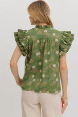 Emerald Ruffle Flutter Sleeve Top