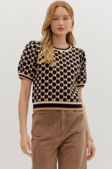 Fawn Argyle Short Sleeve Sweater in Black