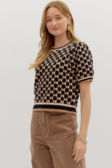 Fawn Argyle Short Sleeve Sweater in Black