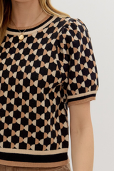 Fawn Argyle Short Sleeve Sweater in Black