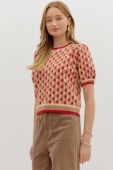 Fawn Argyle Short Sleeve Sweater in Camel