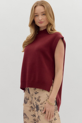 Cleo Sleeveless Mock Neck Sweater in Burgandy