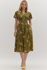 Elizabeth Floral Zip Front Midi Dress in Olive