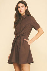 Evelyn tie front mini dress in brown
