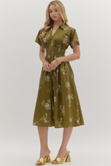 Elizabeth Floral Zip Front Midi Dress in Olive