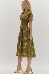 Elizabeth Floral Zip Front Midi Dress in Olive