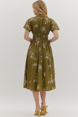 Elizabeth Floral Zip Front Midi Dress in Olive
