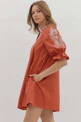 Claire Crochet Trim Mini Dress in Rust