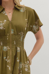 Elizabeth Floral Zip Front Midi Dress in Olive