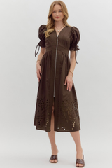 Elizabeth Crochet Trim Zip Front Midi Dress in Brown