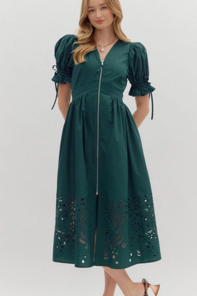 Elizabeth Crochet Trim Zip Front Midi Dress in Teal – Julie's Clothing