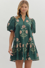 Margot Floral Babydoll Dress in Hunter Green