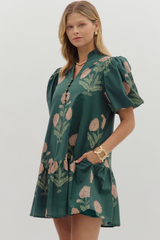 Margot Floral Babydoll Dress in Hunter Green