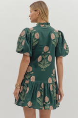 Margot Floral Babydoll Dress in Hunter Green