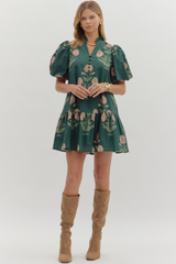 Margot Floral Babydoll Dress in Hunter Green