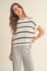 Maggie Stripe Cap Sleeve Sweater in Black Stripe