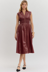 Elizabeth Vegan Leather Zip Front Midi Dress in Burgandy