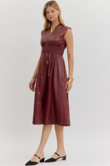 Elizabeth Vegan Leather Zip Front Midi Dress in Burgandy