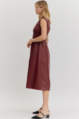 Elizabeth Vegan Leather Zip Front Midi Dress in Burgandy
