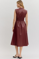 Elizabeth Vegan Leather Zip Front Midi Dress in Burgandy