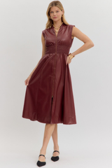 Elizabeth Vegan Leather Zip Front Midi Dress in Burgandy