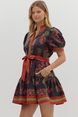 Rosalie Floral Tie Waist Mini Dress in Black