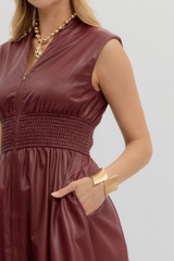 Elizabeth Vegan Leather Zip Front Midi Dress in Burgandy