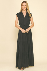 Lucy Satin Tiered Maxi Dress in Black