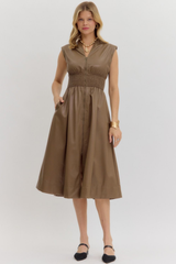 Elizabeth Vegan Leather Zip Front Midi Dress in Mocha