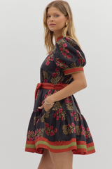 Rosalie Floral Tie Waist Mini Dress in Black