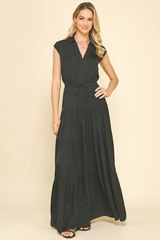 Lucy Satin Tiered Maxi Dress in Black