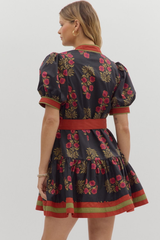 Rosalie Floral Tie Waist Mini Dress in Black