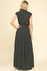 Lucy Satin Tiered Maxi Dress in Black