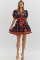 Rosalie Floral Tie Waist Mini Dress in Black