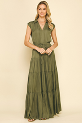 Lucy Satin Tiered Maxi Dress in Olive