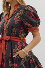 Rosalie Floral Tie Waist Mini Dress in Black