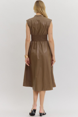 Elizabeth Vegan Leather Zip Front Midi Dress in Mocha