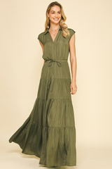 Lucy Satin Tiered Maxi Dress in Olive