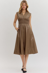 Elizabeth Vegan Leather Zip Front Midi Dress in Mocha