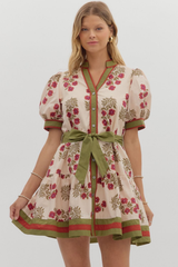 Rosalie Floral Tie Waist Mini Dress in Ecru