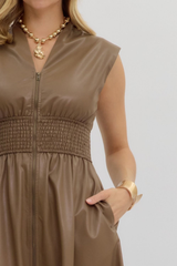 Elizabeth Vegan Leather Zip Front Midi Dress in Mocha