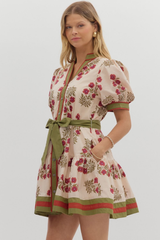 Rosalie Floral Tie Waist Mini Dress in Ecru