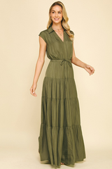Lucy Satin Tiered Maxi Dress in Olive