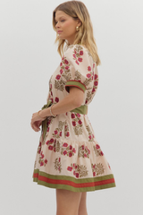 Rosalie Floral Tie Waist Mini Dress in Ecru