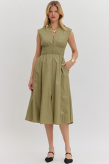 Elizabeth Vegan Leather Zip Front Midi Dress in Olive