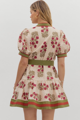 Rosalie Floral Tie Waist Mini Dress in Ecru