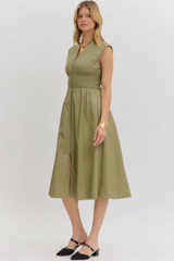 Elizabeth Vegan Leather Zip Front Midi Dress in Olive