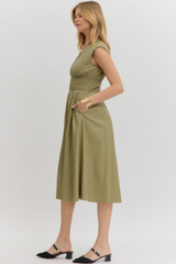 Elizabeth Vegan Leather Zip Front Midi Dress in Olive