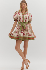 Rosalie Floral Tie Waist Mini Dress in Ecru